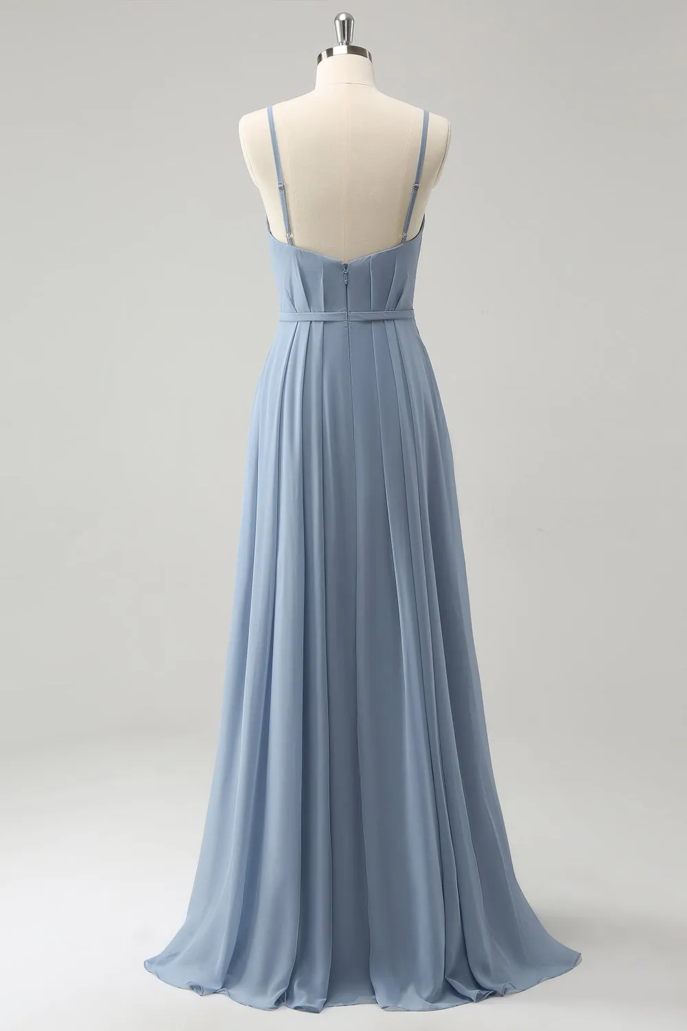 Grey Blue Chiffon Corset A Line Spaghetti Straps Pleated Long Bridesmaid Dress sold by Zapaka product image thumbnail 2