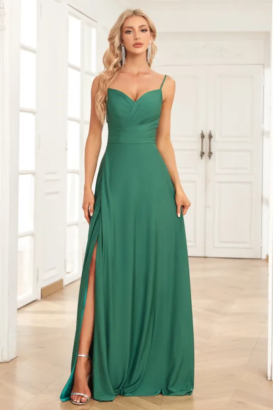 A Line Spaghetti Straps Dark Green Long Bridesmaid Dress sold by Zapaka
