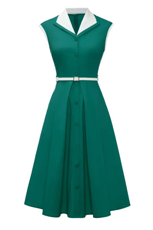 Lapel Neck Green Swing 1950s Dress with Belt sold by Zapaka