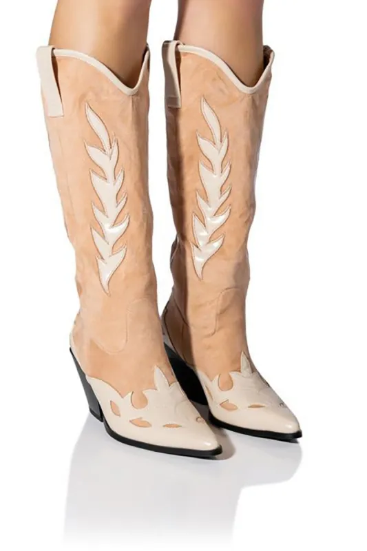 Camel Pointed Toe Chunky Heel High Cowboy Boots sold by Zapaka