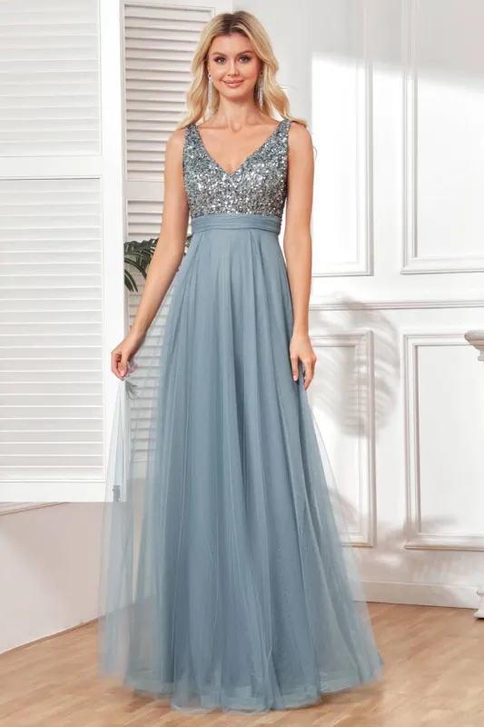 Grey Blue A Line Tulle Fromal Dress with Sequins sold by Zapaka