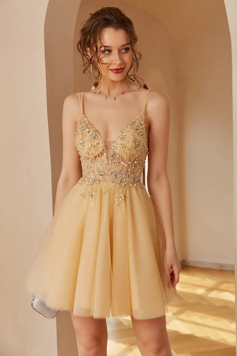 Champagne Spaghetti Straps Homecoming Dress With Appliques sold by Zapaka