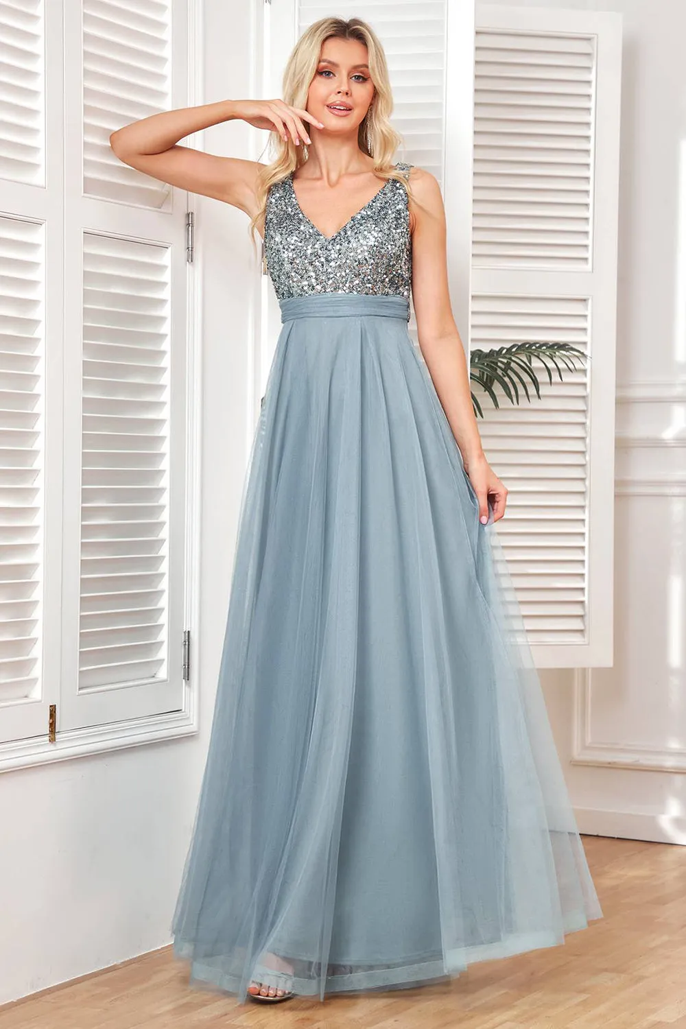 Grey Blue A Line Tulle Fromal Dress with Sequins sold by Zapaka product image thumbnail 5
