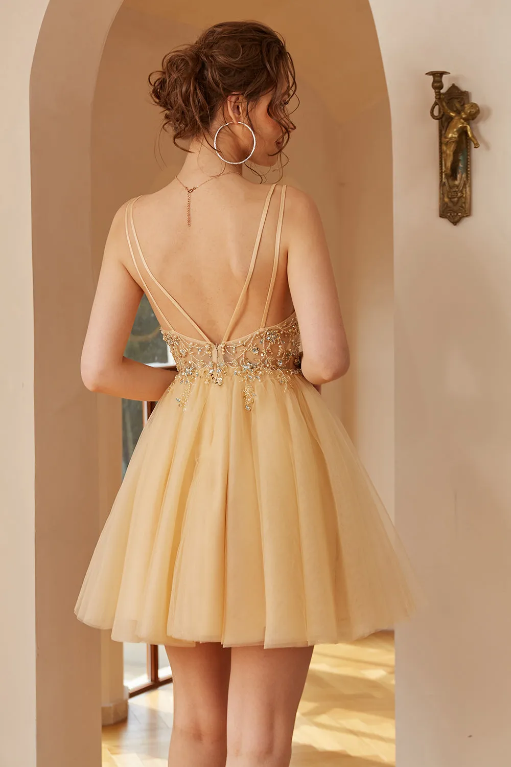Champagne Spaghetti Straps Homecoming Dress With Appliques sold by Zapaka product image thumbnail 2
