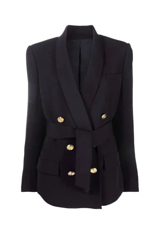 Black Shawl Lapel Double Breasted Women Blazer with Belt sold by Zapaka
