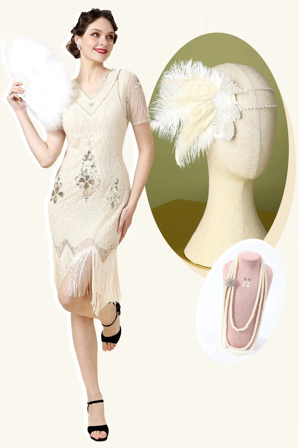 Champagne Sequins Fringed Flapper Dress with 20s Accessories Set sold by Zapaka