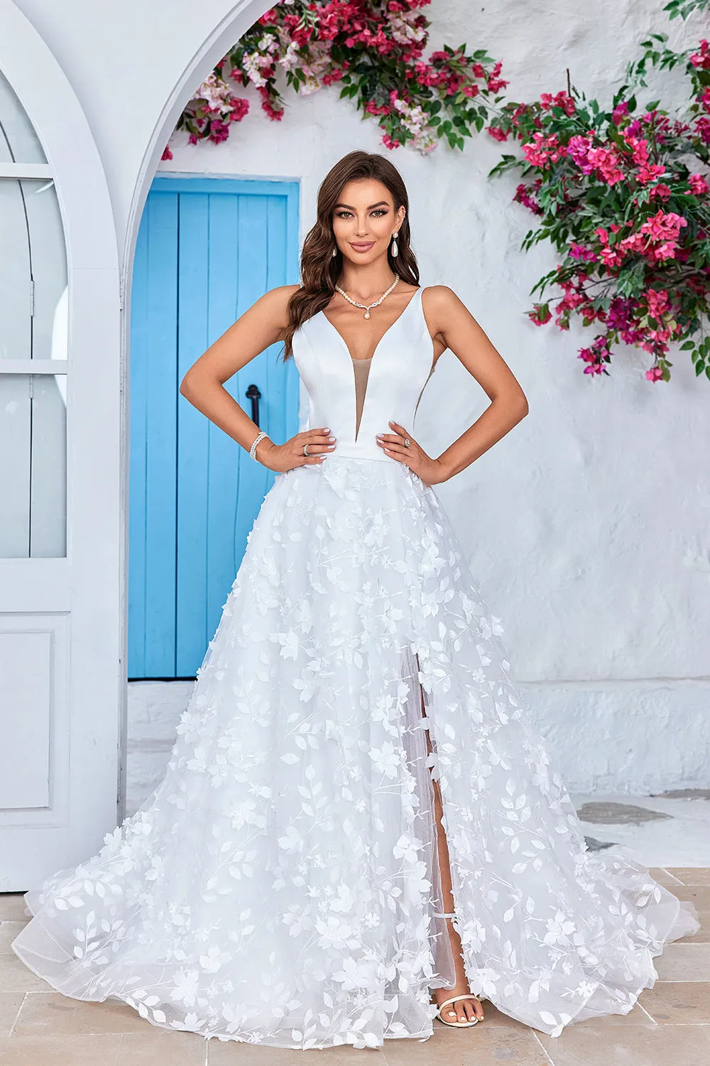 Gorgeous A Line V-Neck Ivory Long Wedding Dress with 3D Flowers sold by Zapaka