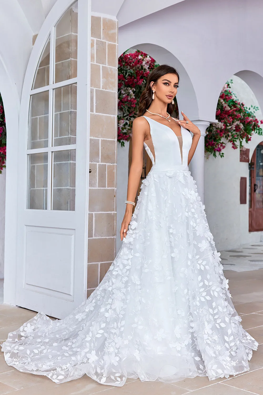 Gorgeous A Line V-Neck Ivory Long Wedding Dress with 3D Flowers sold by Zapaka product image thumbnail 5
