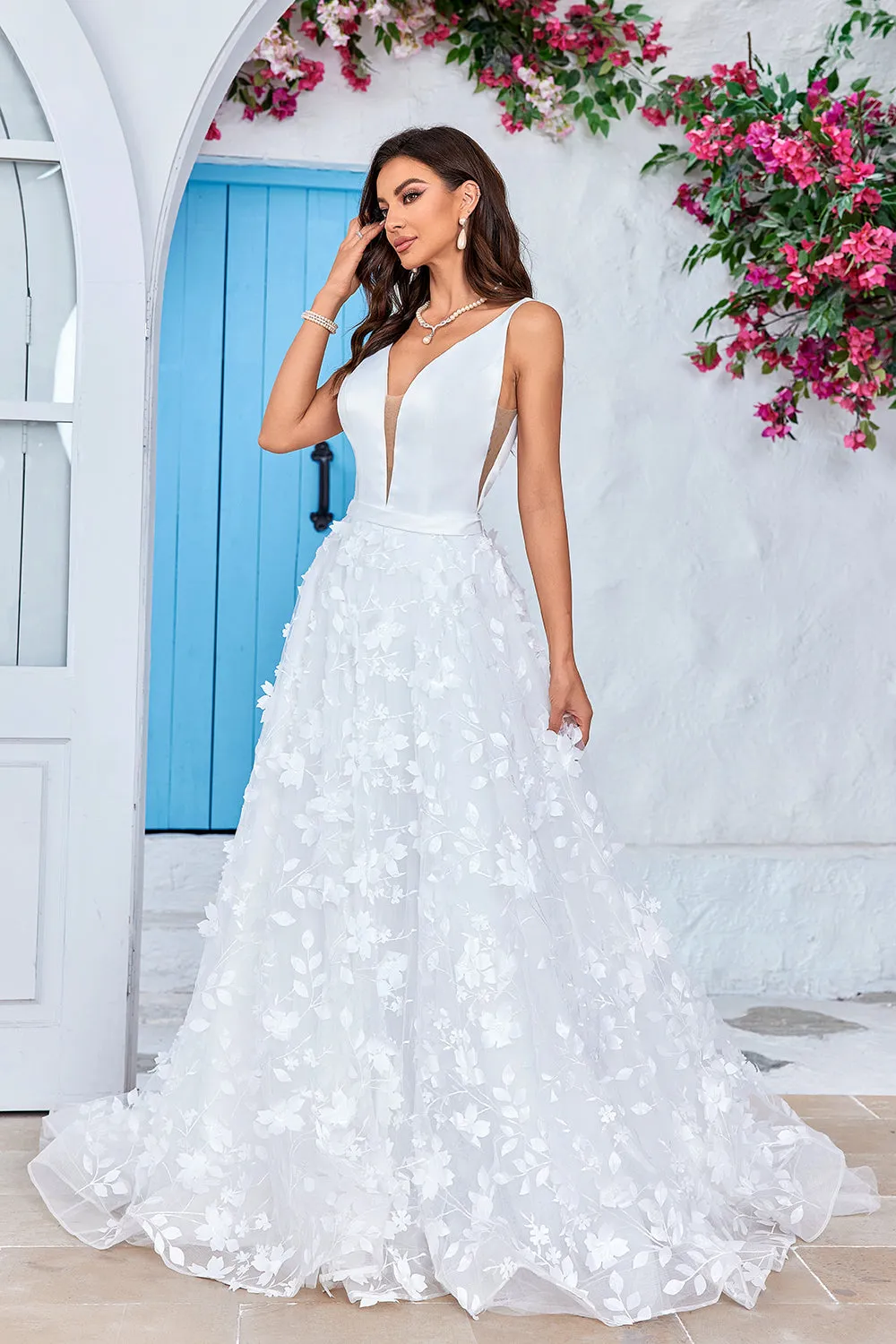 Gorgeous A Line V-Neck Ivory Long Wedding Dress with 3D Flowers sold by Zapaka product image thumbnail 4