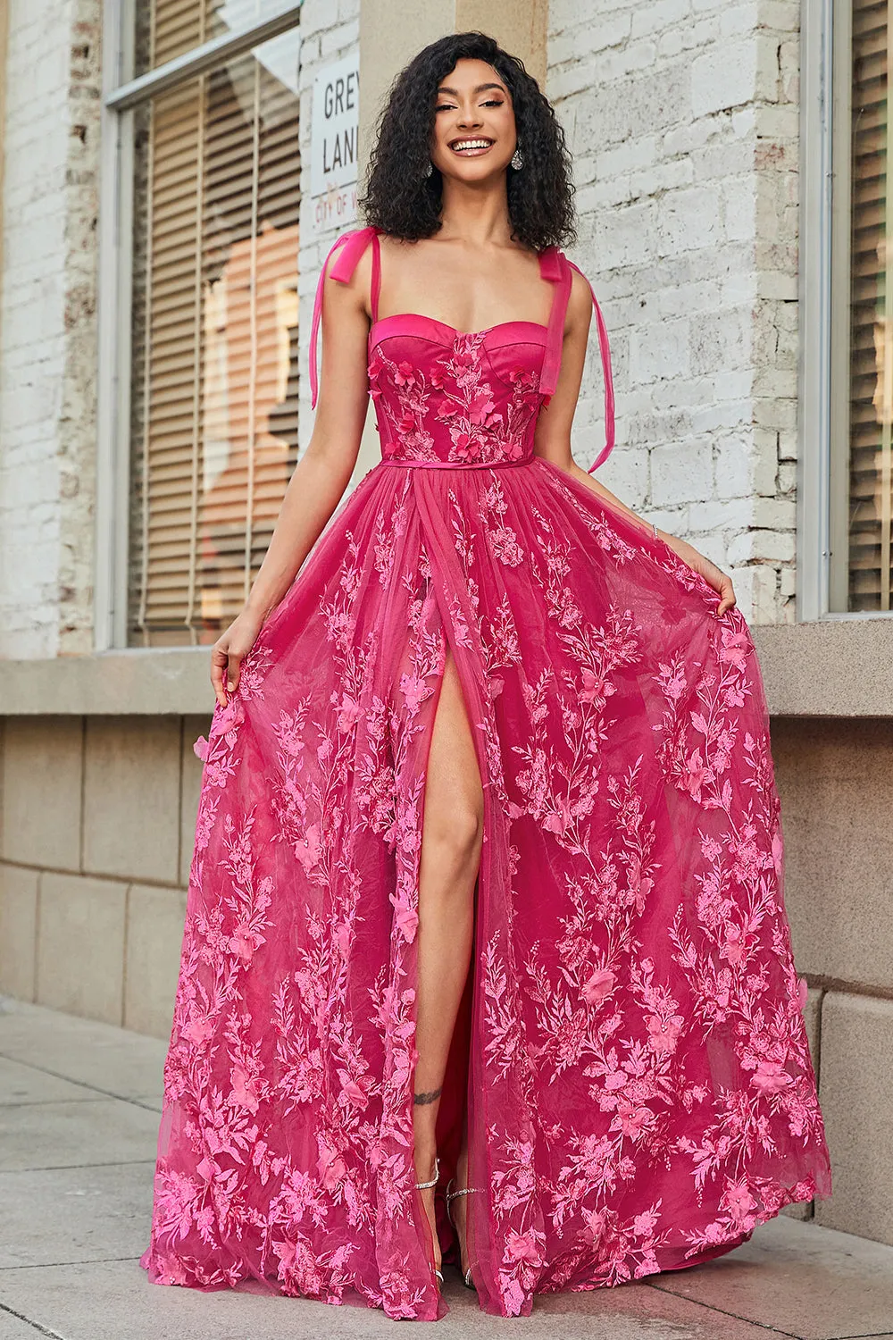 Spaghetti Straps Hot Pink A-Line Long Prom Dress with Slit sold by Zapaka