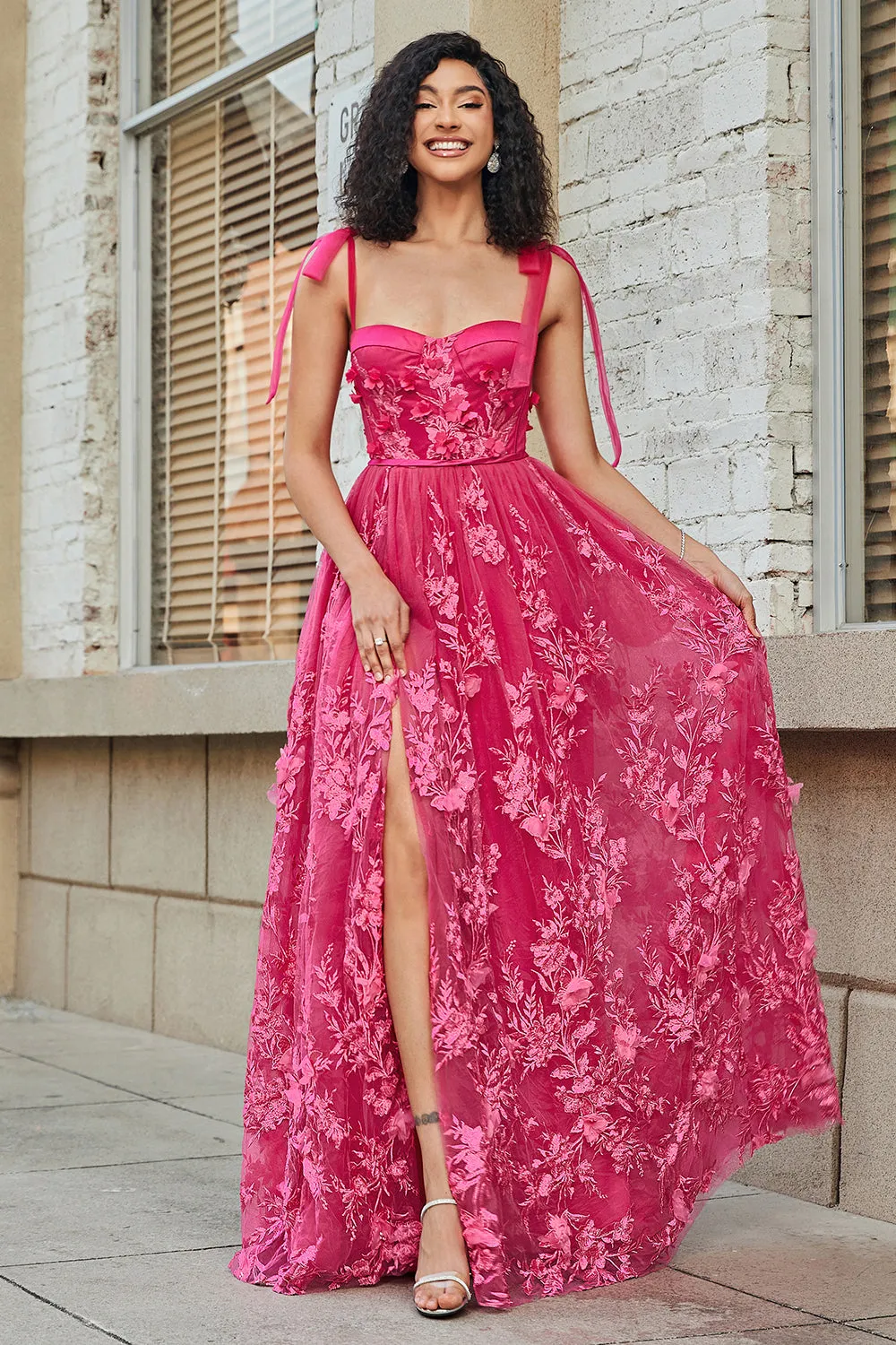 Spaghetti Straps Hot Pink A-Line Long Prom Dress with Slit sold by Zapaka product image thumbnail 3
