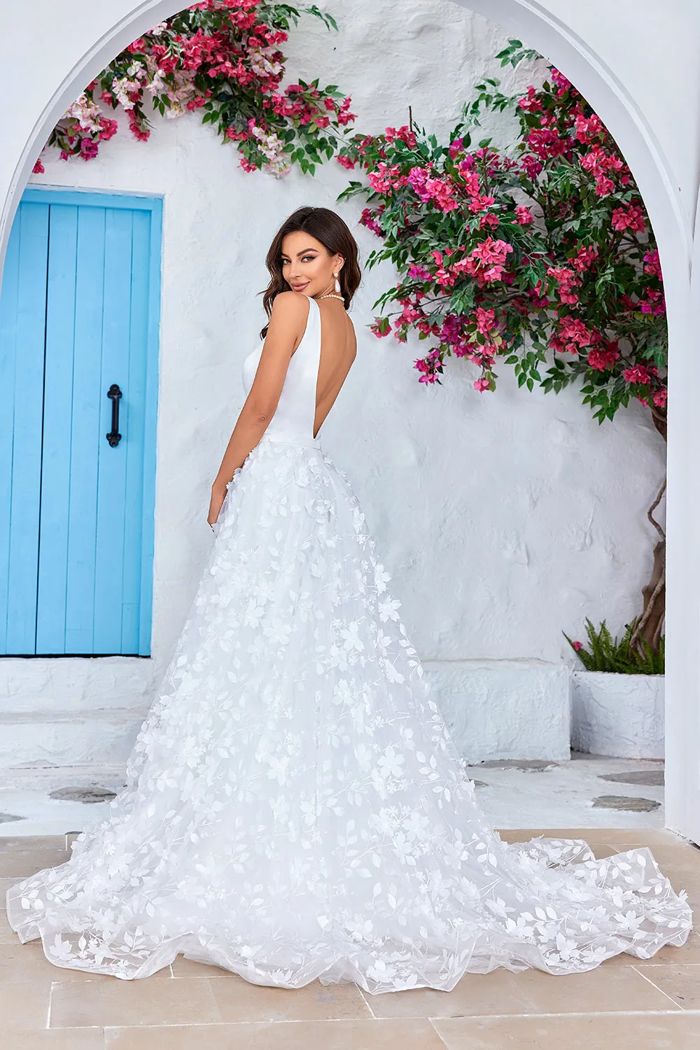 Gorgeous A Line V-Neck Ivory Long Wedding Dress with 3D Flowers sold by Zapaka product image thumbnail 2