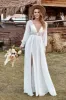 Ivory Lace Chiffon V-Neck Long Sleeve Boho Wedding Dress sold by Zapaka