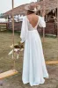 Ivory Lace Chiffon V-Neck Long Sleeve Boho Wedding Dress sold by Zapaka