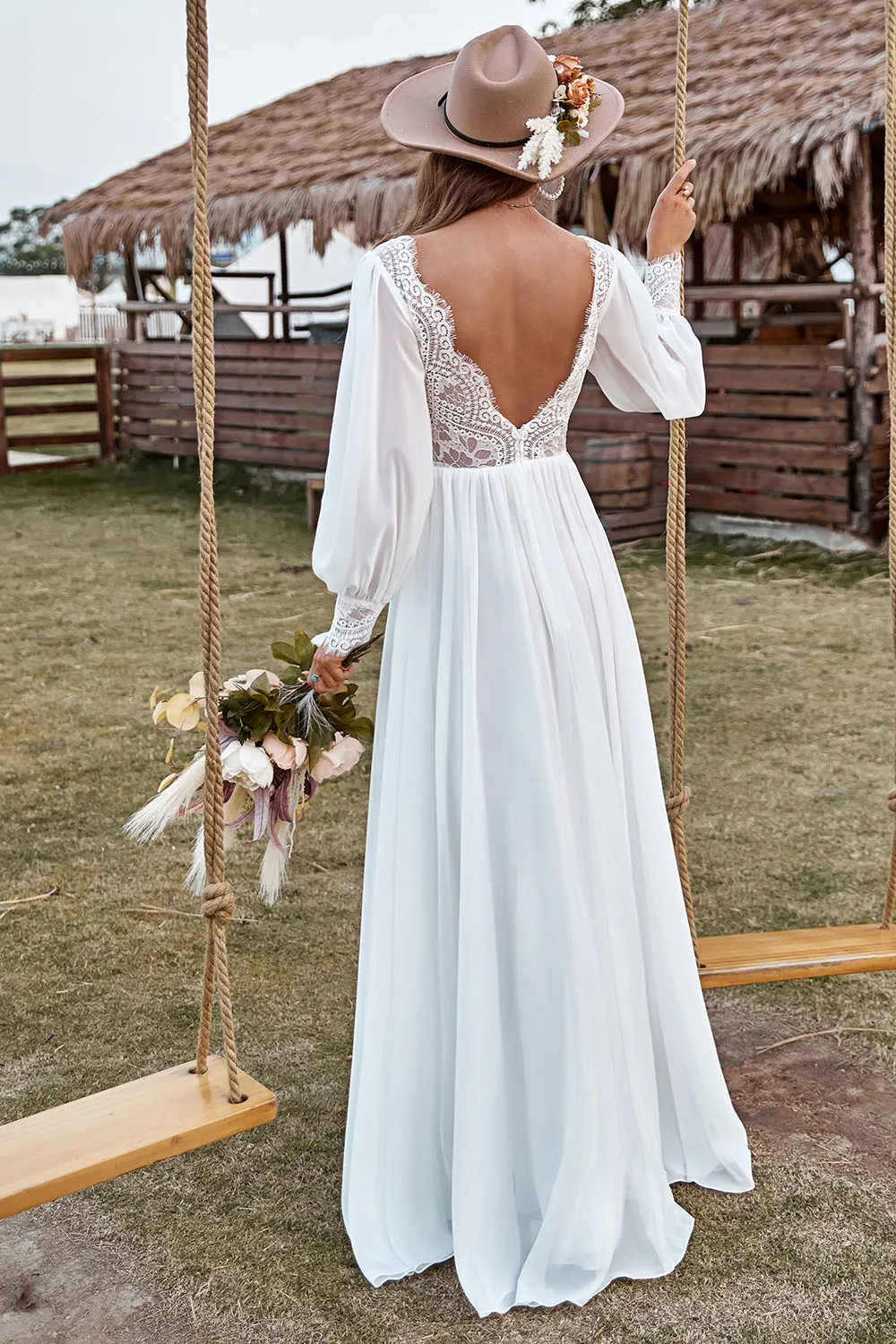 Ivory Lace Chiffon V-Neck Long Sleeve Boho Wedding Dress sold by Zapaka product image thumbnail 2
