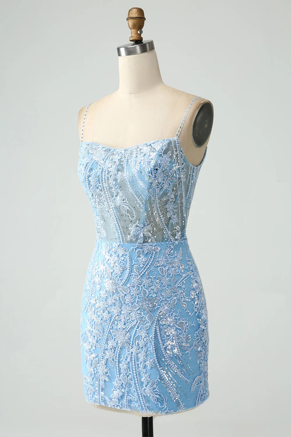 Sparkly Sky Blue Spaghetti Straps Beaded Short Homecoming Dress sold by Zapaka product image thumbnail 3