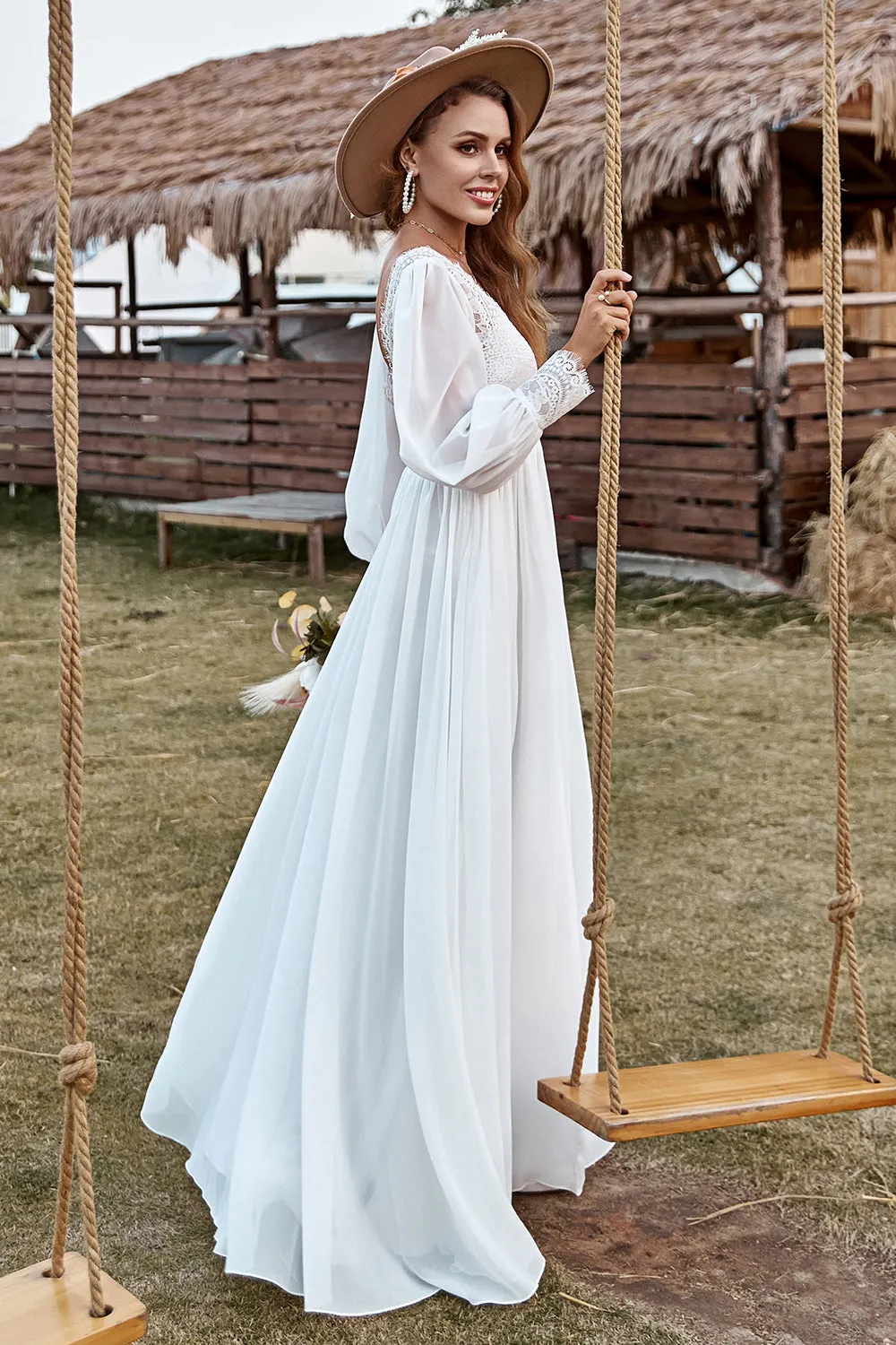 Ivory Lace Chiffon V-Neck Long Sleeve Boho Wedding Dress sold by Zapaka product image thumbnail 3