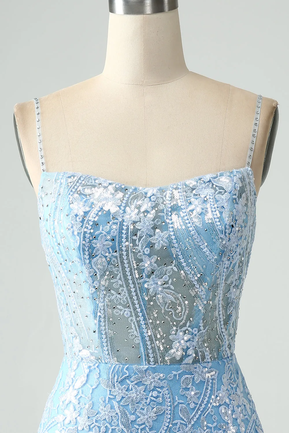 Sparkly Sky Blue Spaghetti Straps Beaded Short Homecoming Dress sold by Zapaka product image thumbnail 4