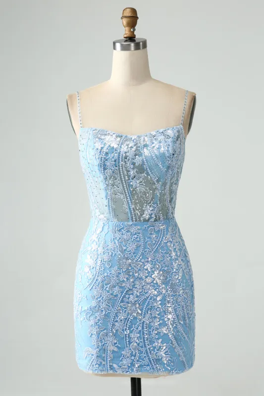 Sparkly Sky Blue Spaghetti Straps Beaded Short Homecoming Dress sold by Zapaka