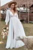 Ivory Lace Chiffon V-Neck Long Sleeve Boho Wedding Dress sold by Zapaka