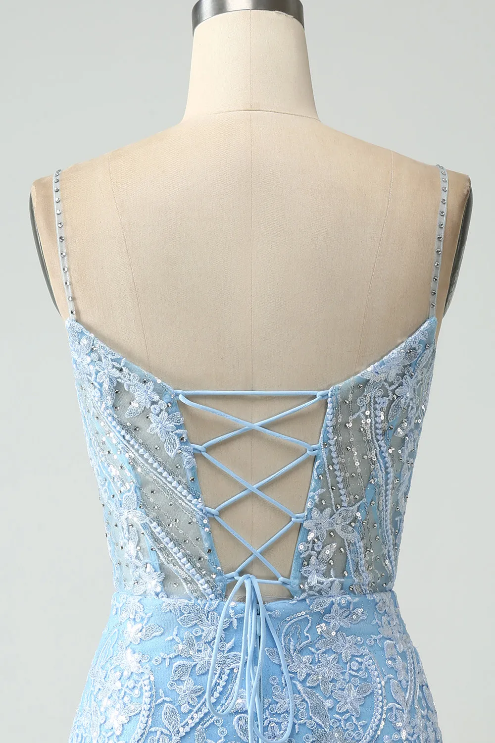 Sparkly Sky Blue Spaghetti Straps Beaded Short Homecoming Dress sold by Zapaka product image thumbnail 5