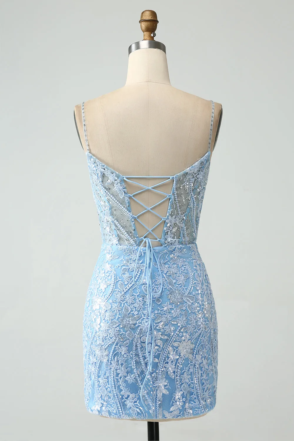 Sparkly Sky Blue Spaghetti Straps Beaded Short Homecoming Dress sold by Zapaka product image thumbnail 2