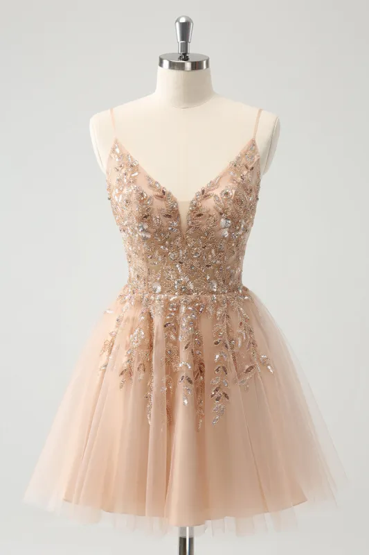 Blush A Line Spaghetti Straps Sequin Tulle Homecoming Dress sold by Zapaka