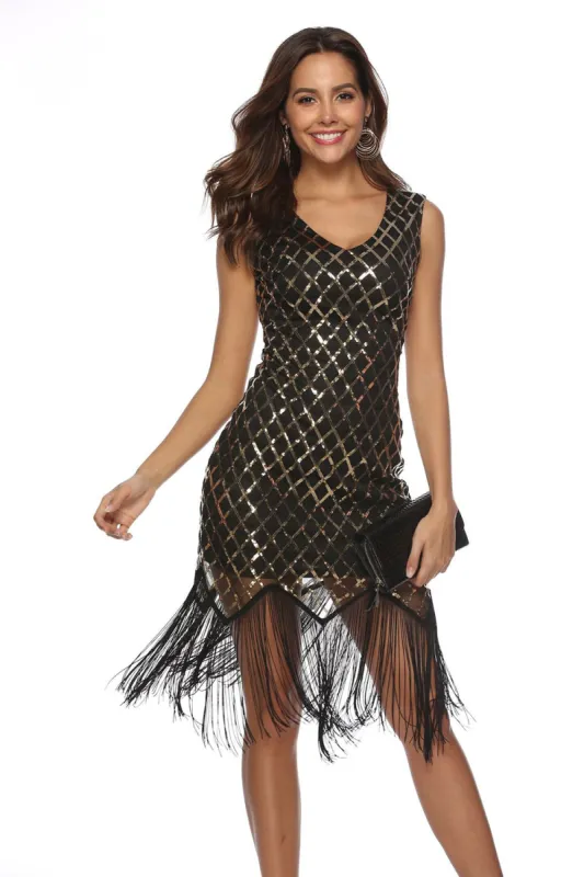 Black Golden Roaring 20s Gatsby Fringed Flapper Dress sold by Zapaka