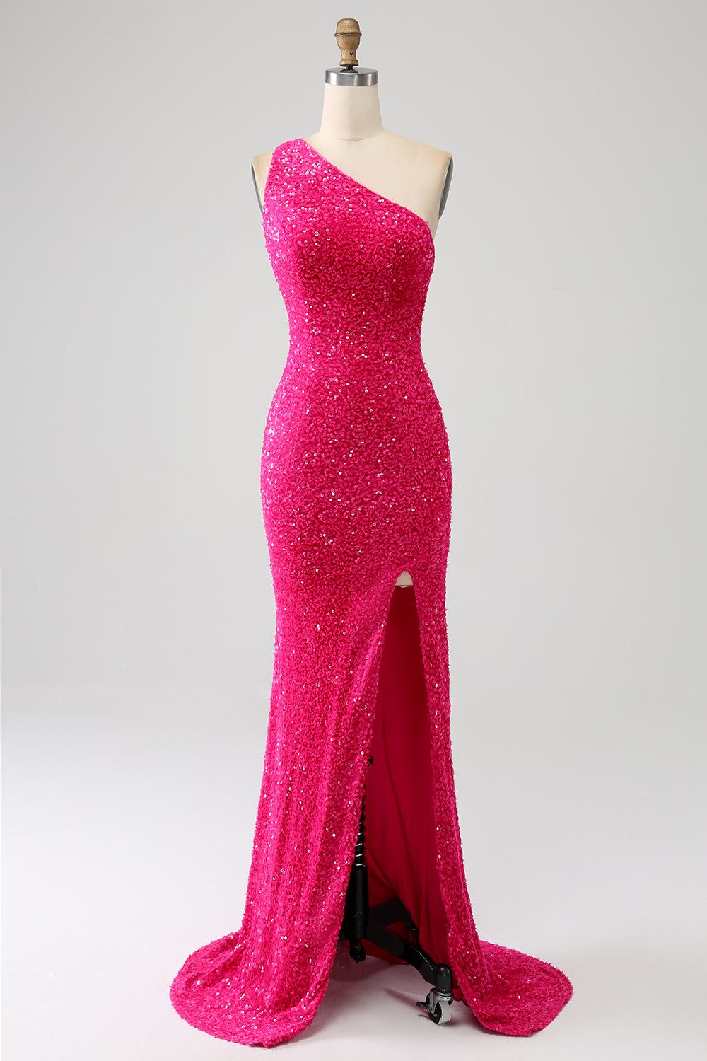 Sparkly Mermaid One Shoulder Fuchsia Sequins Long Prom Dress with Slit sold by Zapaka