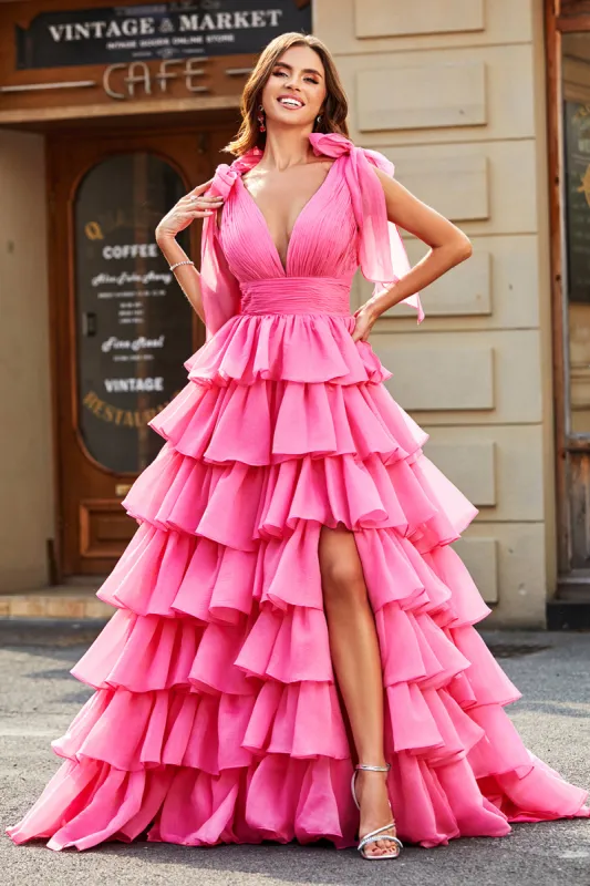 Princess A-Line V-Neck Fuchsia Tiered Prom Dress With Slit sold by Zapaka