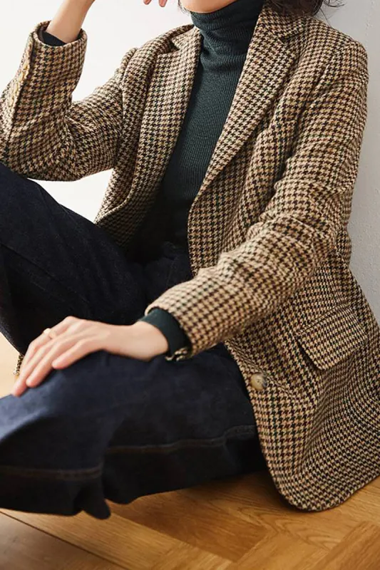 Khaki Plaid Notched Lapel Women Coat sold by Zapaka