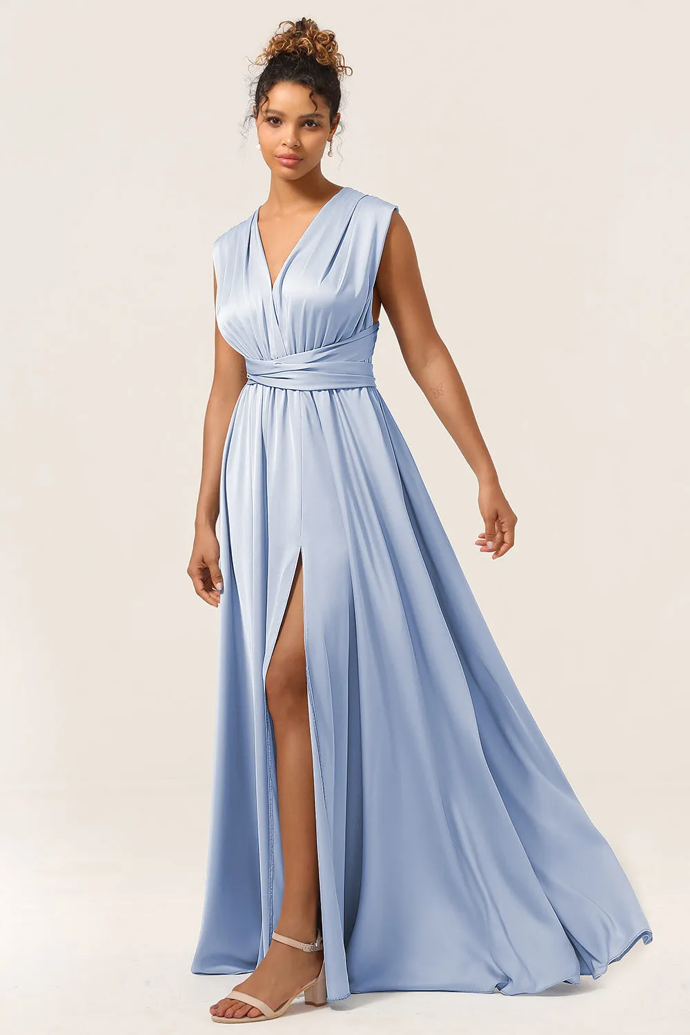 Blue Satin Convertible Bridesmaid Dress with Slit sold by Zapaka product image thumbnail 5