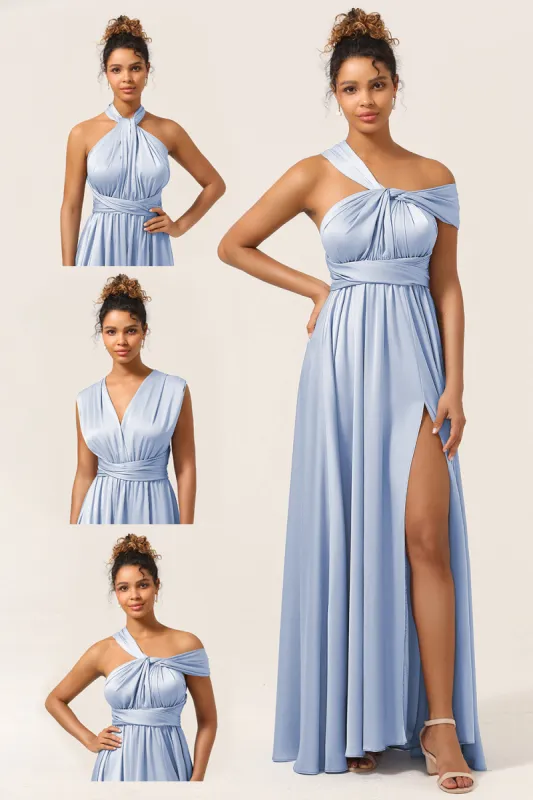 Blue Satin Convertible Bridesmaid Dress with Slit sold by Zapaka