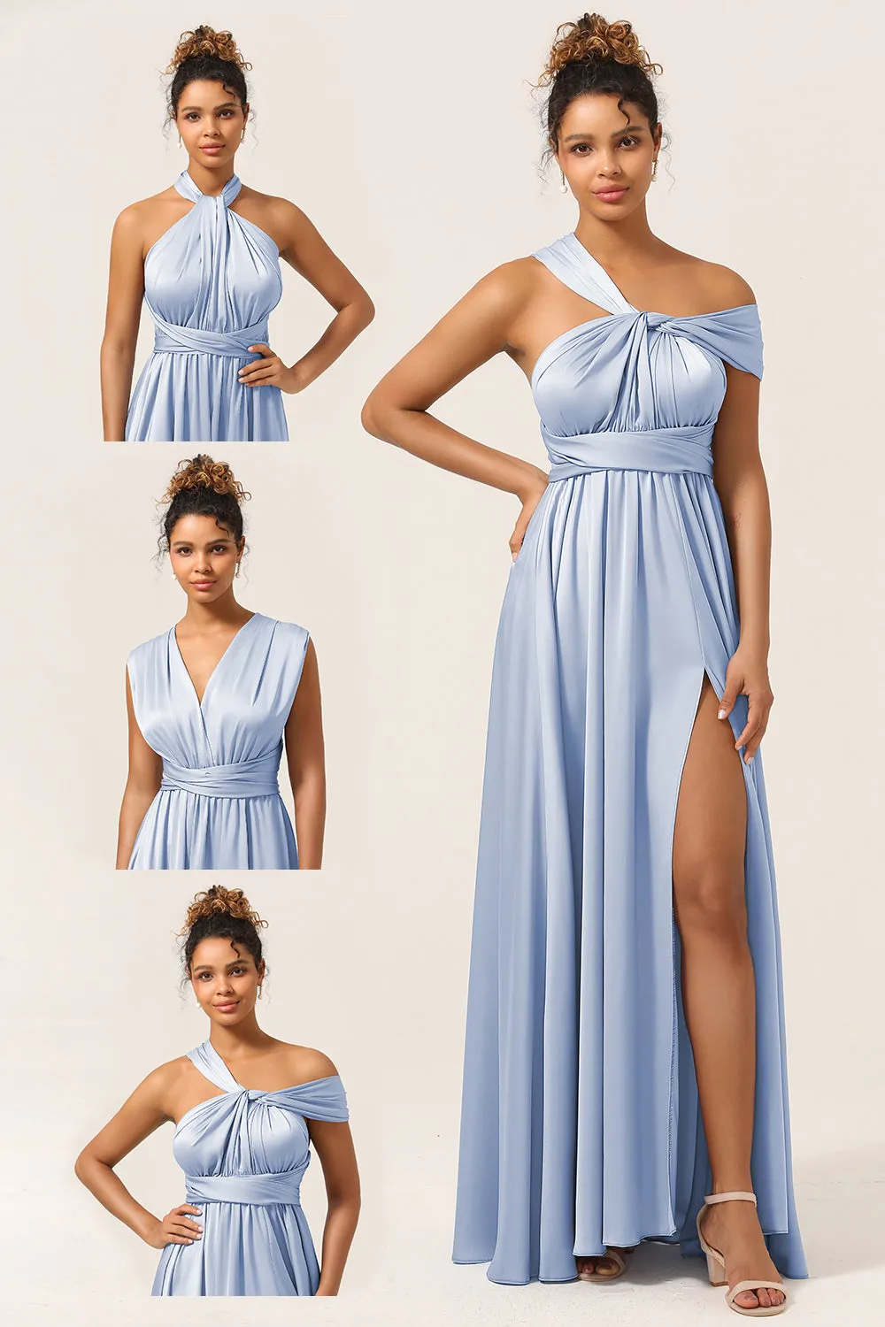 Blue Satin Convertible Bridesmaid Dress with Slit sold by Zapaka
