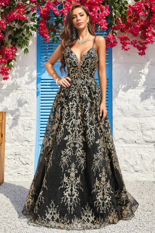 A Line Spaghetti Straps Black Golden Long Prom Dress with Bronzing sold by Zapaka