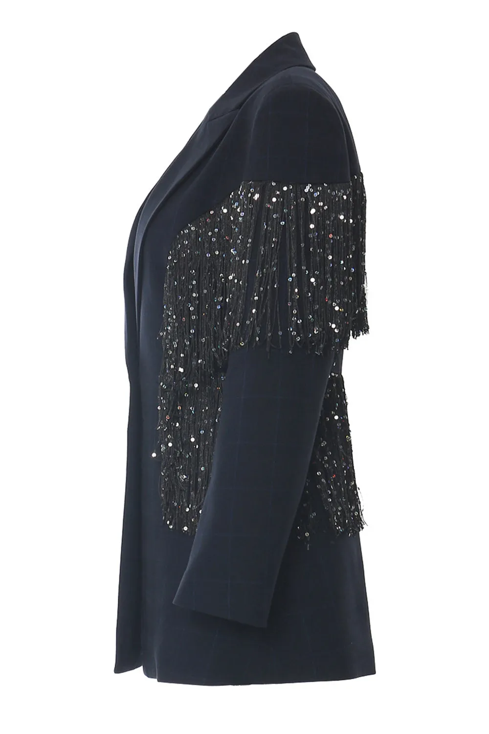 Sparkly Navy Peak Lapel Women Blazer with Fringes sold by Zapaka product image thumbnail 3
