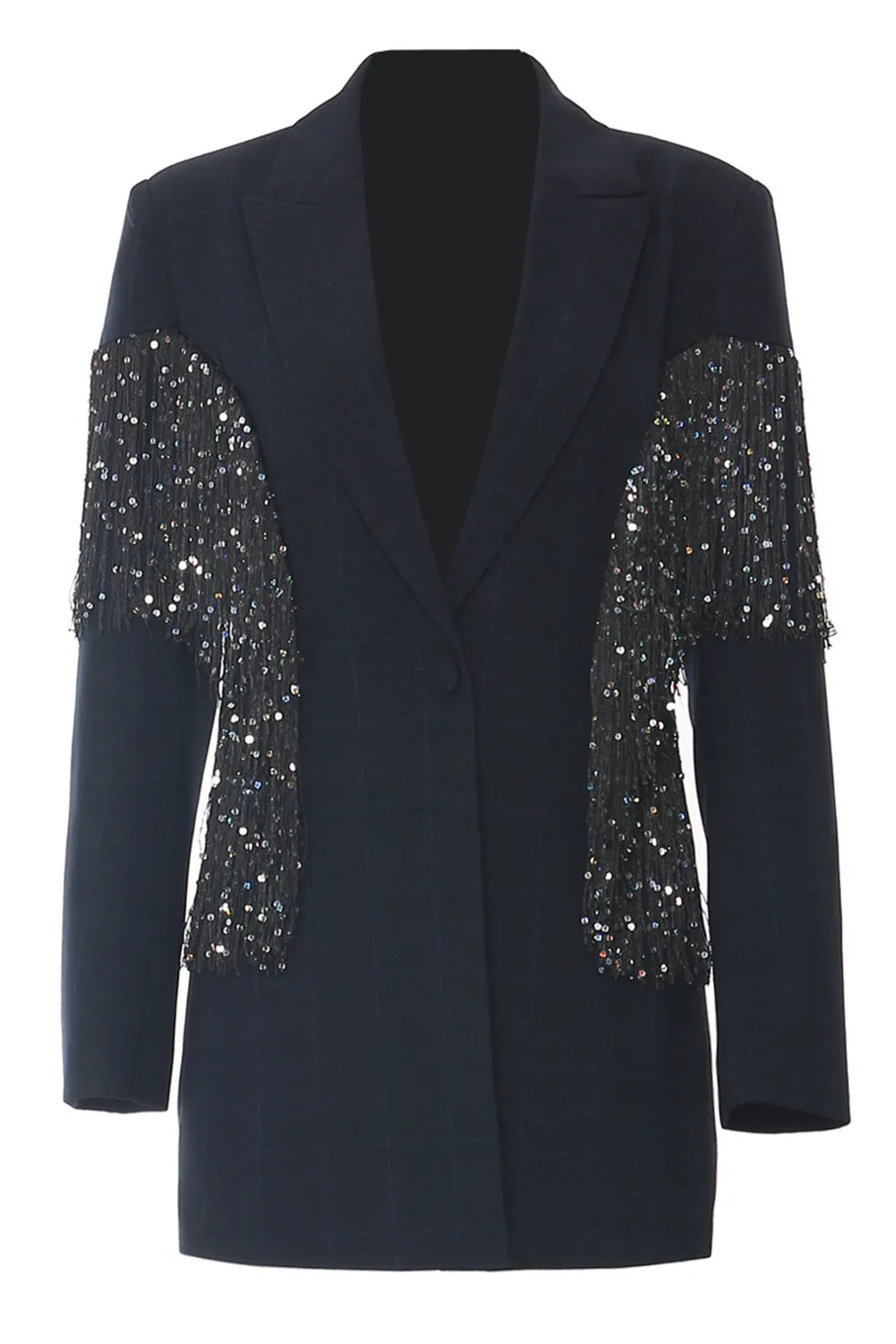 Sparkly Navy Peak Lapel Women Blazer with Fringes sold by Zapaka