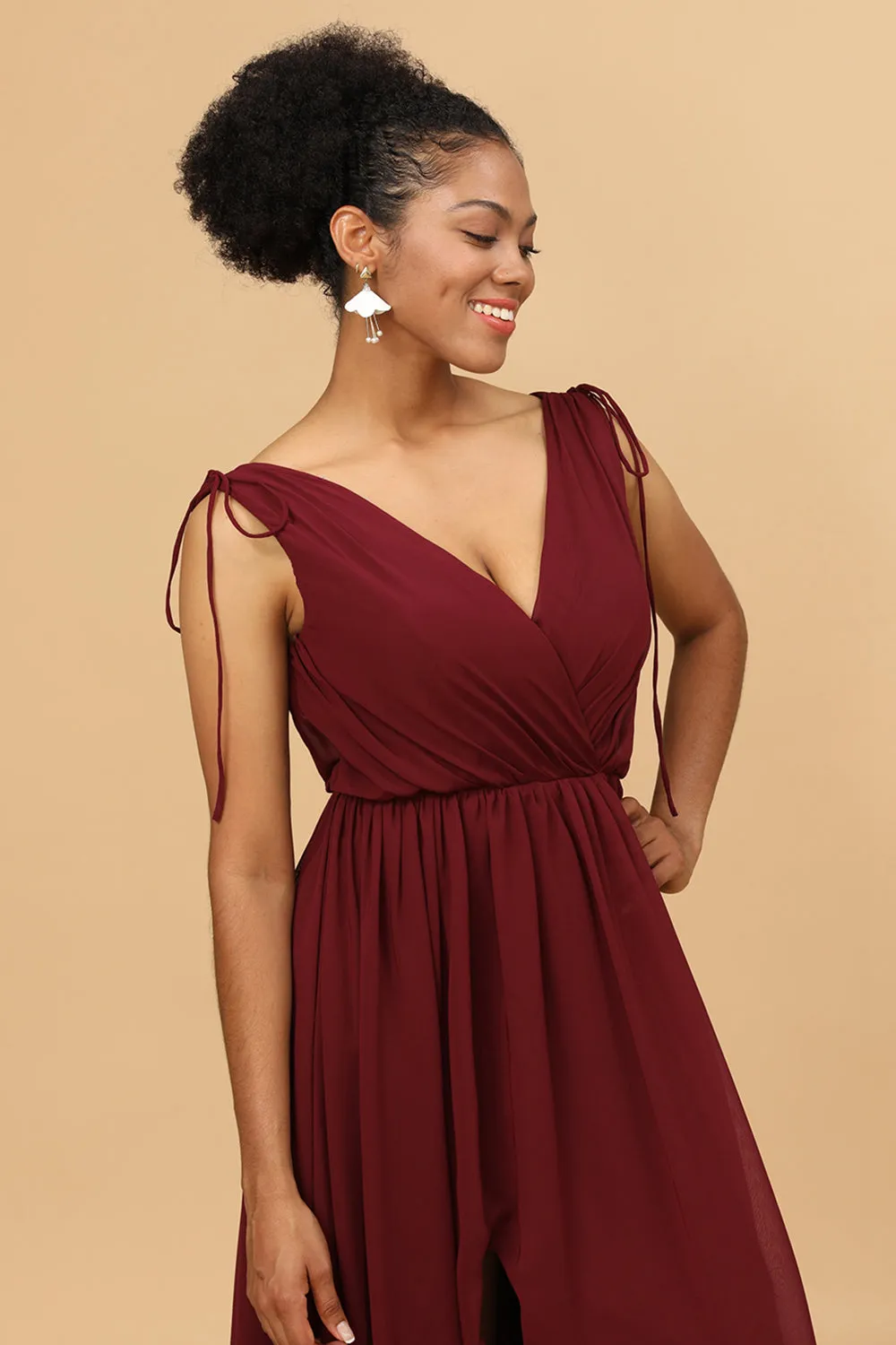 Burgundy V-Neck Lace Up Bridesmaid Dress With Slit sold by Zapaka product image thumbnail 5