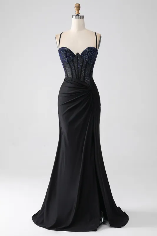 Black Mermaid Spaghetti Straps Long Corset Prom Dress With Beading sold by Zapaka
