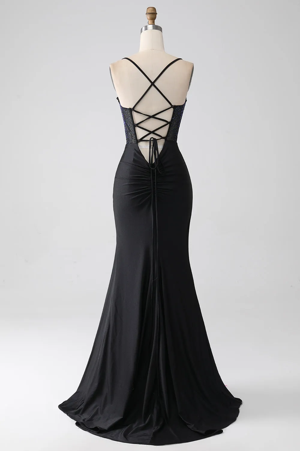 Black Mermaid Spaghetti Straps Long Corset Prom Dress With Beading sold by Zapaka product image thumbnail 2