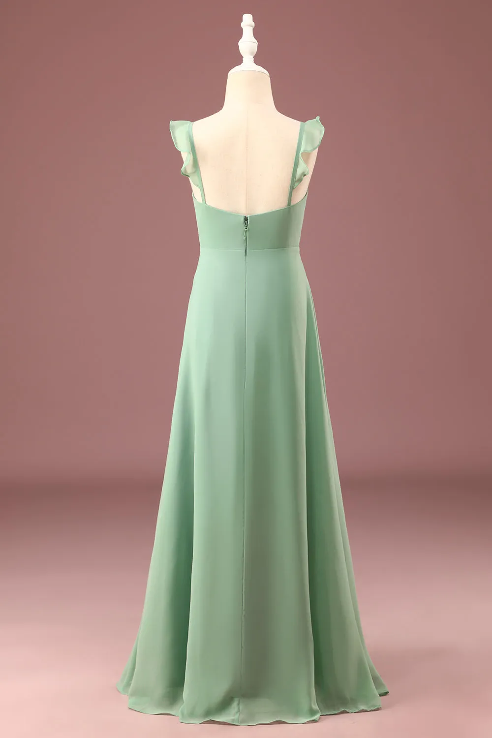 A-line Long Chiffon Matcha V-neck Spaghetti Straps Junior Bridesmaid Dress sold by Zapaka product image thumbnail 2