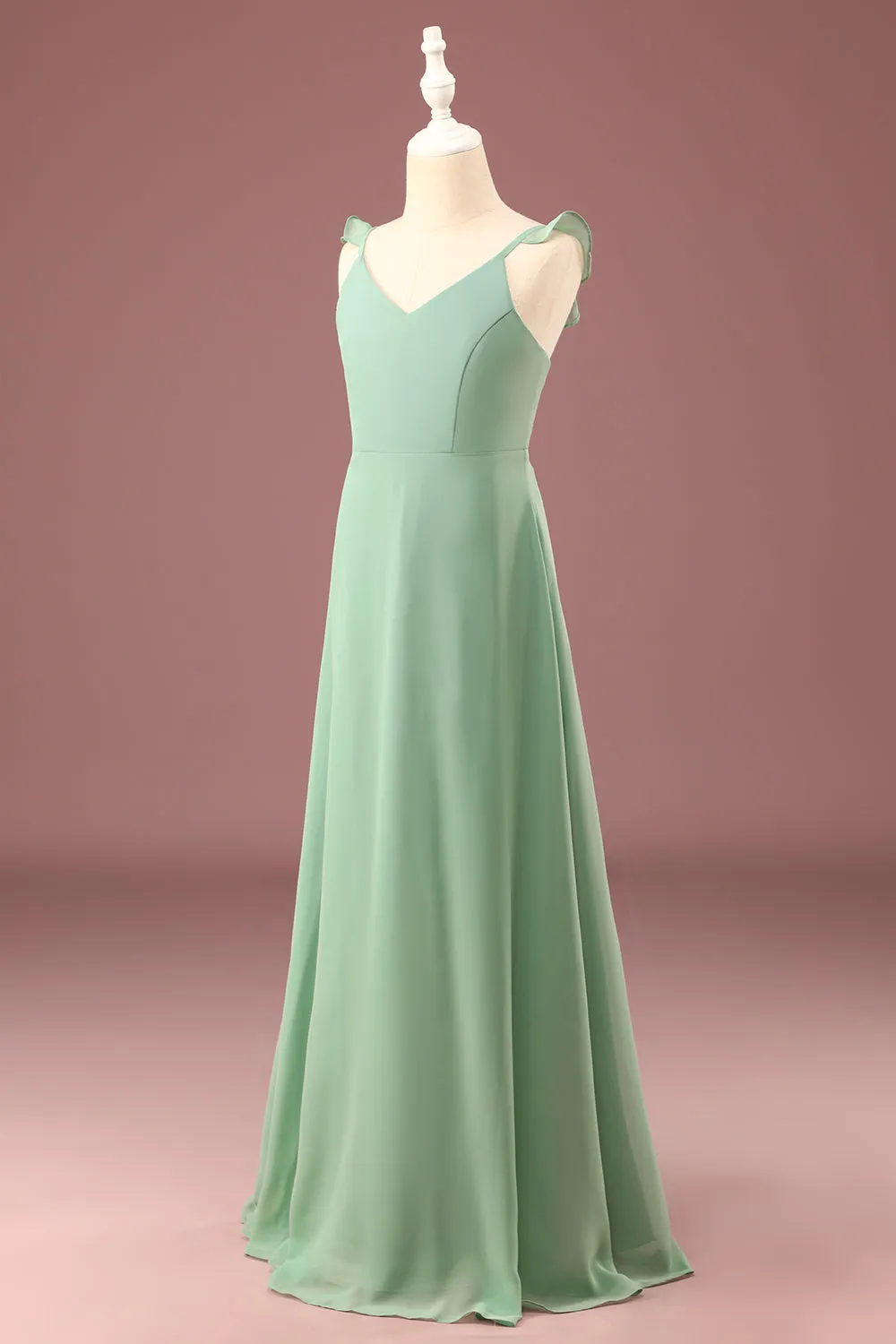 A-line Long Chiffon Matcha V-neck Spaghetti Straps Junior Bridesmaid Dress sold by Zapaka product image thumbnail 3
