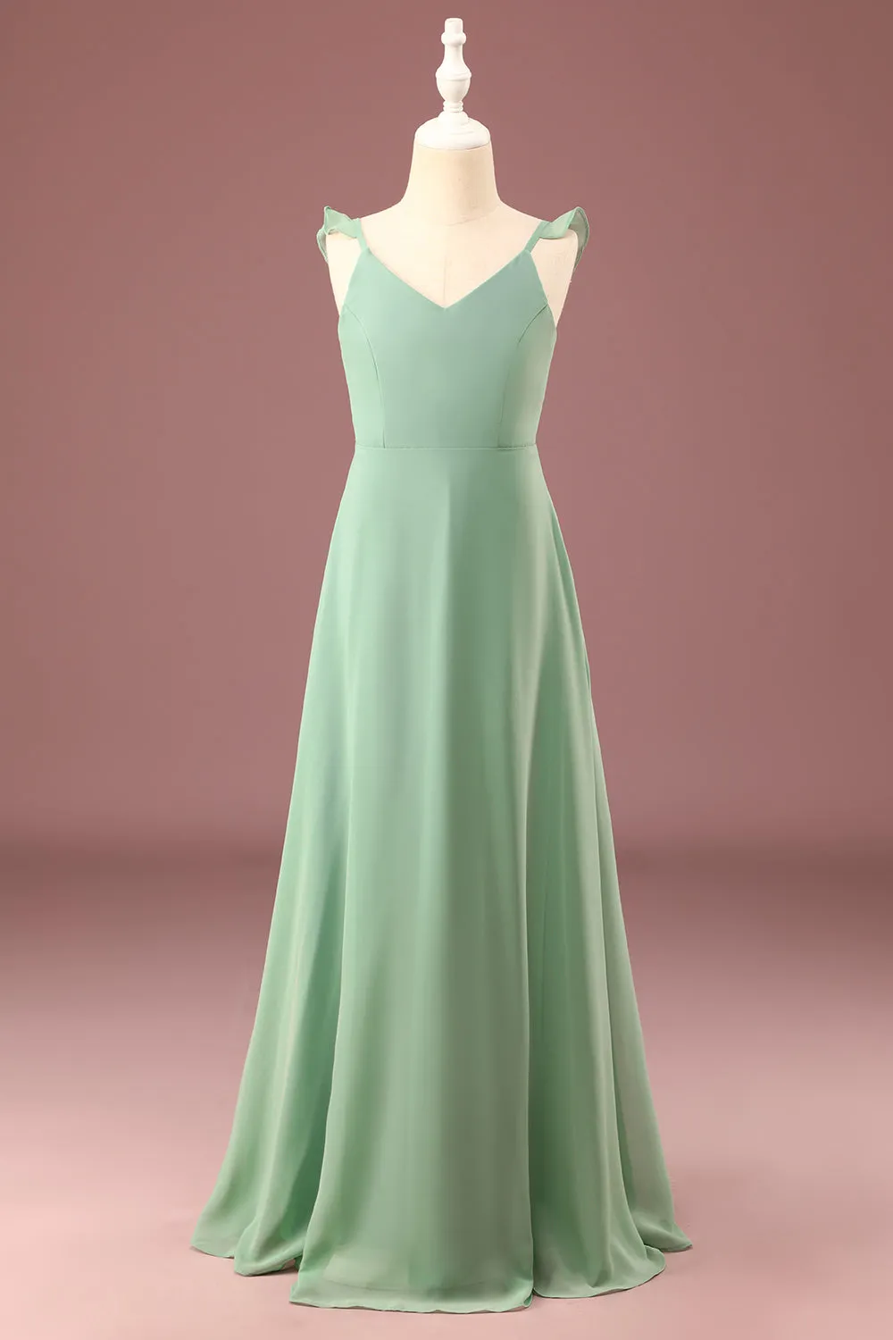 A-line Long Chiffon Matcha V-neck Spaghetti Straps Junior Bridesmaid Dress sold by Zapaka