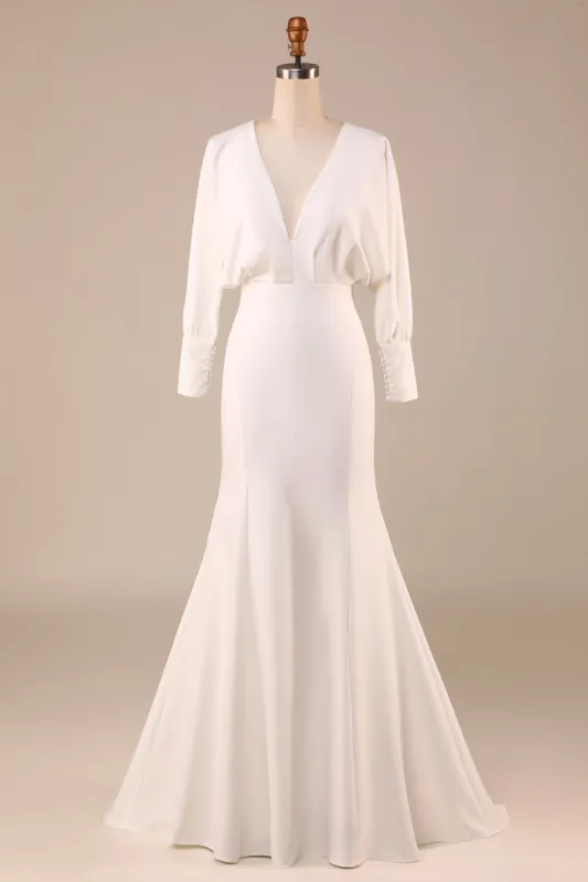 Simple Ivory Mermaid Long Sleeves Deep V-Neck Wedding Dress sold by Zapaka