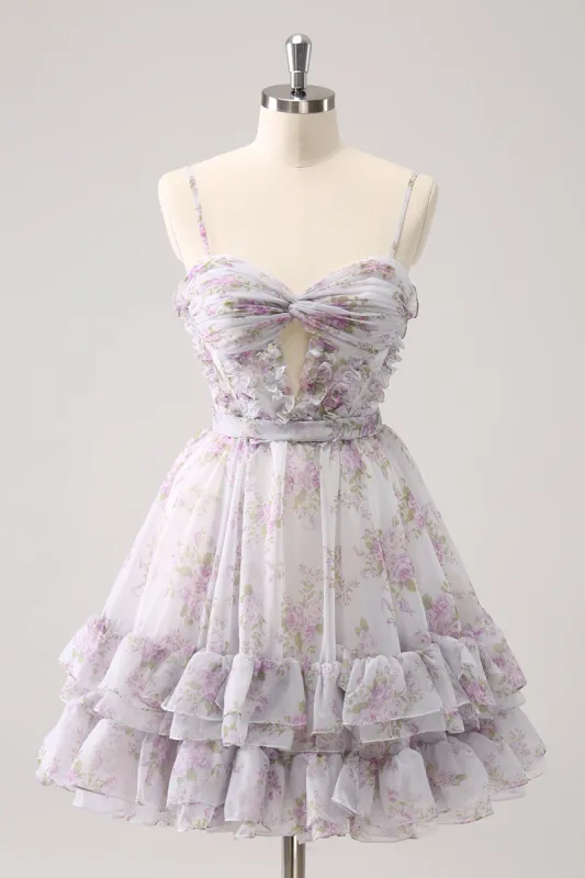 Lilac A-Line Floral Prints Ruffled Tiered Tulle Homecoming Dress sold by Zapaka