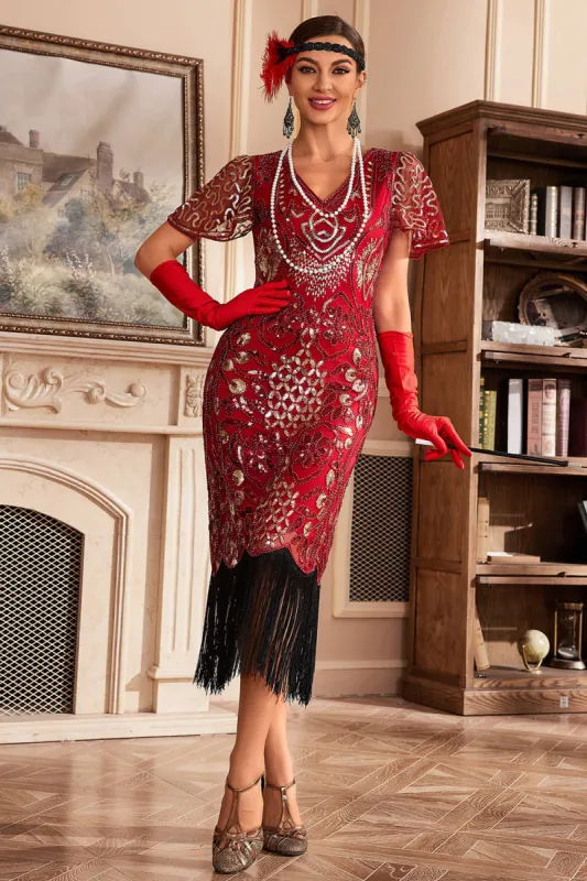 Red V Neck Fringe 1920s Gatsby Dress With Sequins Parallel