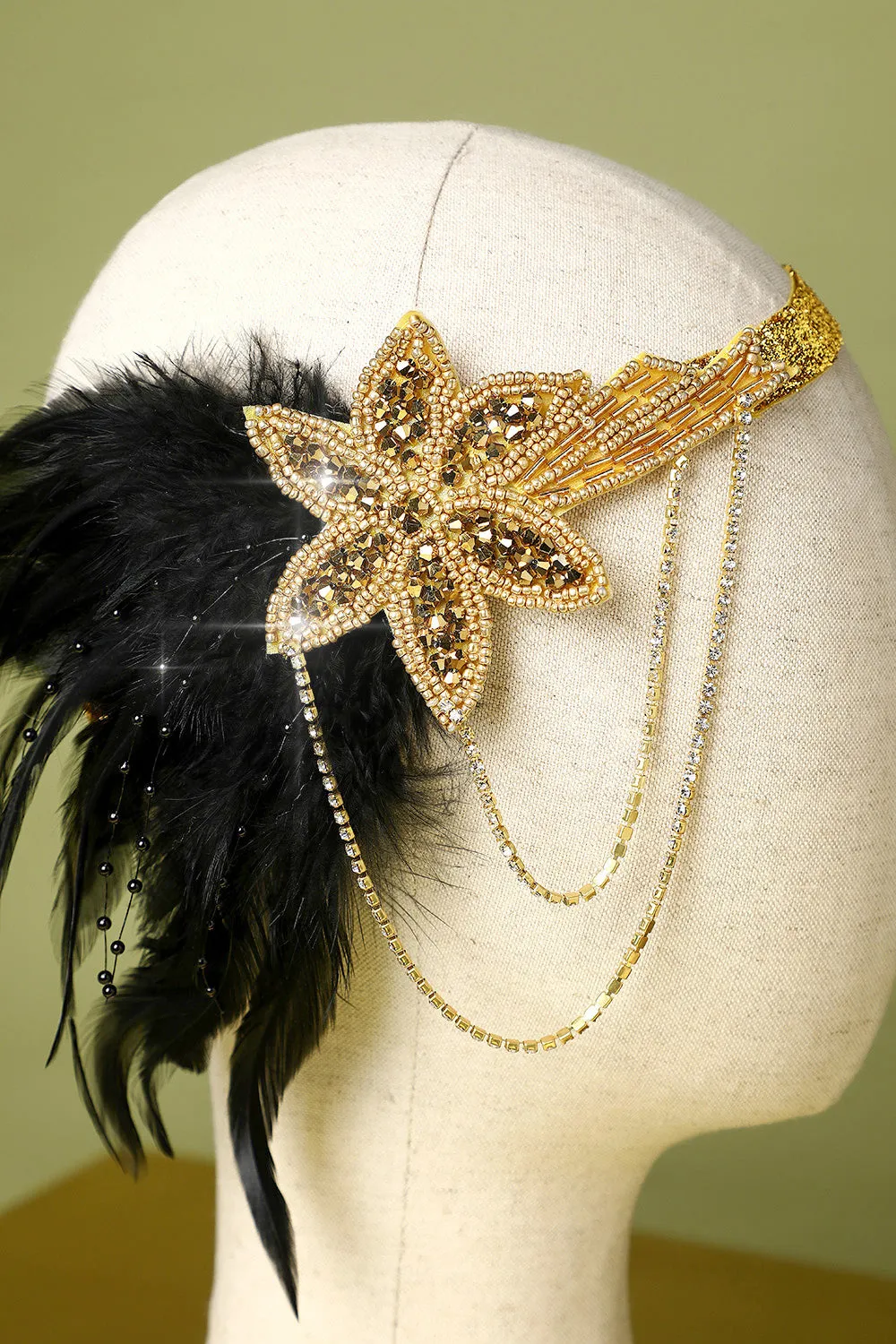 1920s Black and Gold Feather Beaded Headband sold by Zapaka product image thumbnail 3