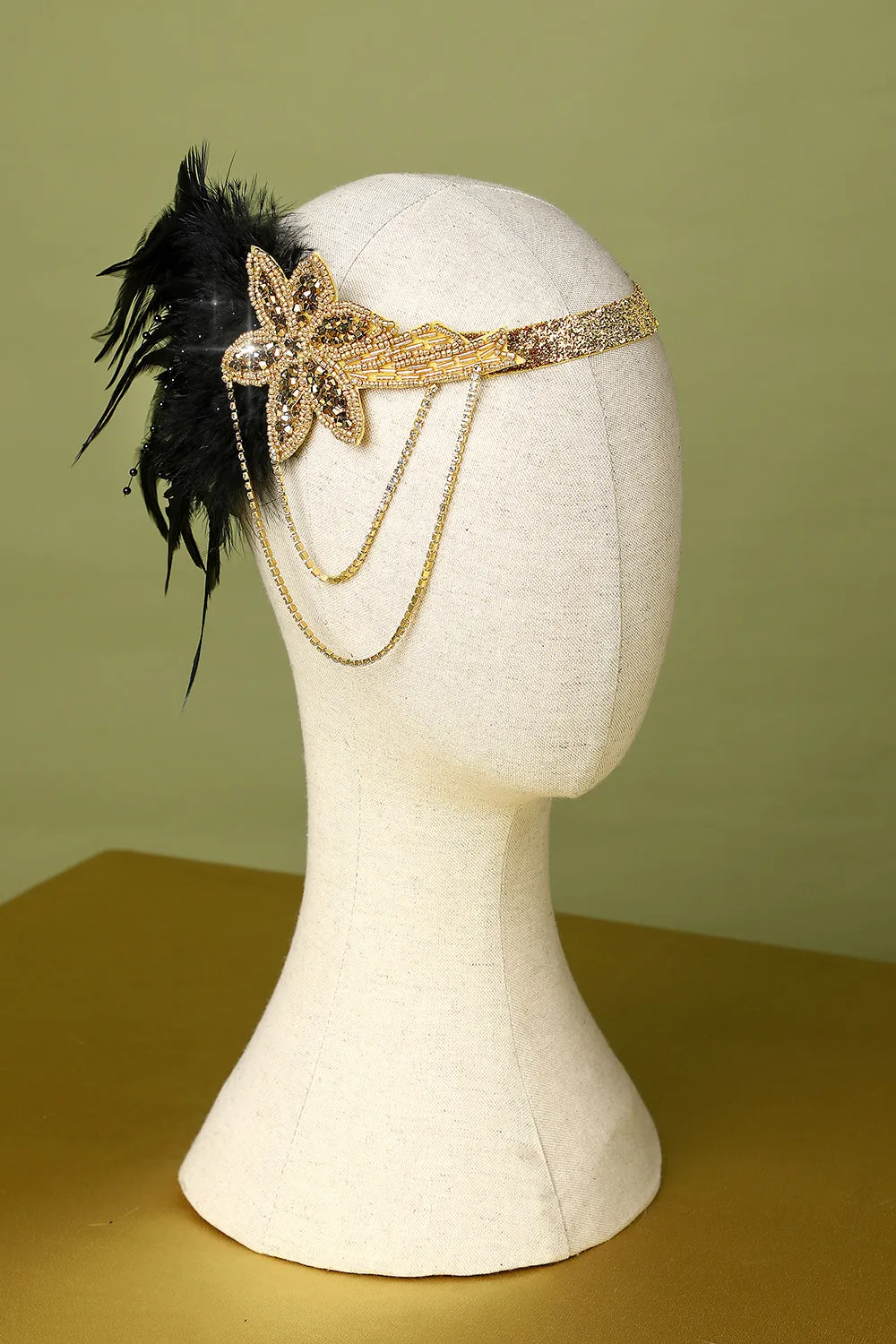 1920s Black and Gold Feather Beaded Headband sold by Zapaka product image thumbnail 2