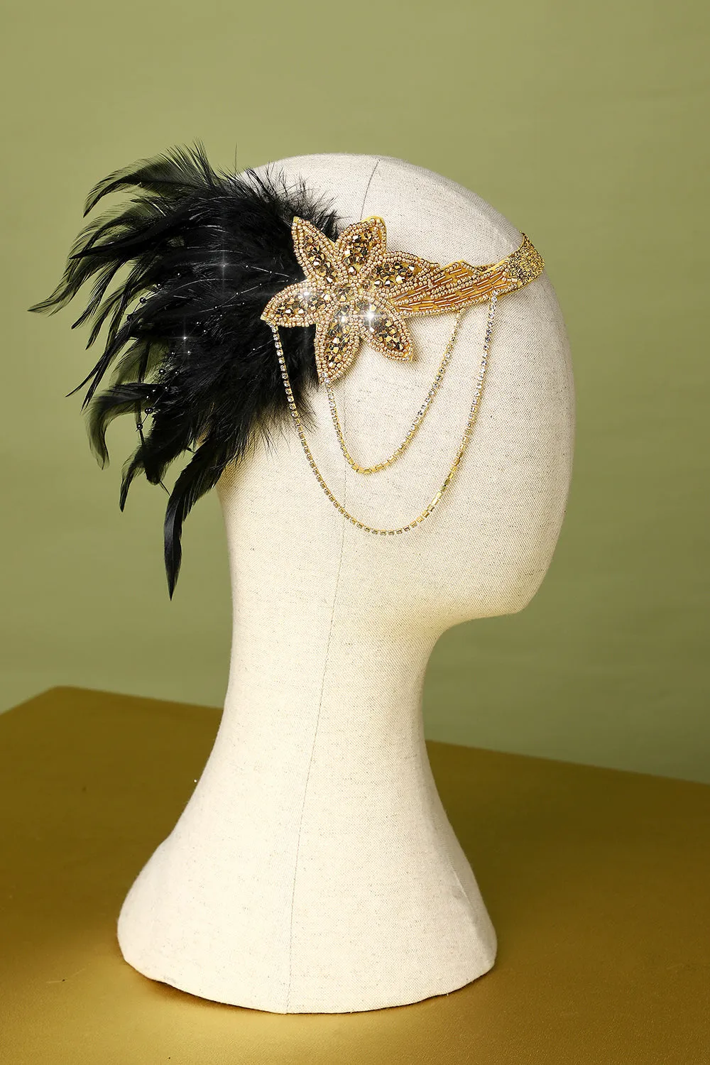 1920s Black and Gold Feather Beaded Headband sold by Zapaka product image thumbnail 4