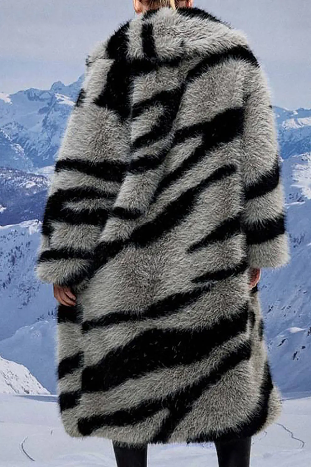 Dark Grey Zebra Pattern Imitation Oversized Long Faux Fur Shearling Coat sold by Zapaka product image thumbnail 2
